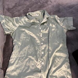 Satin Button-Up Shirt and Shorts in Light Green
